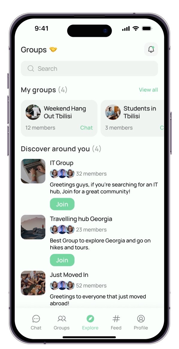 Globbi app group list showing relevant groups around